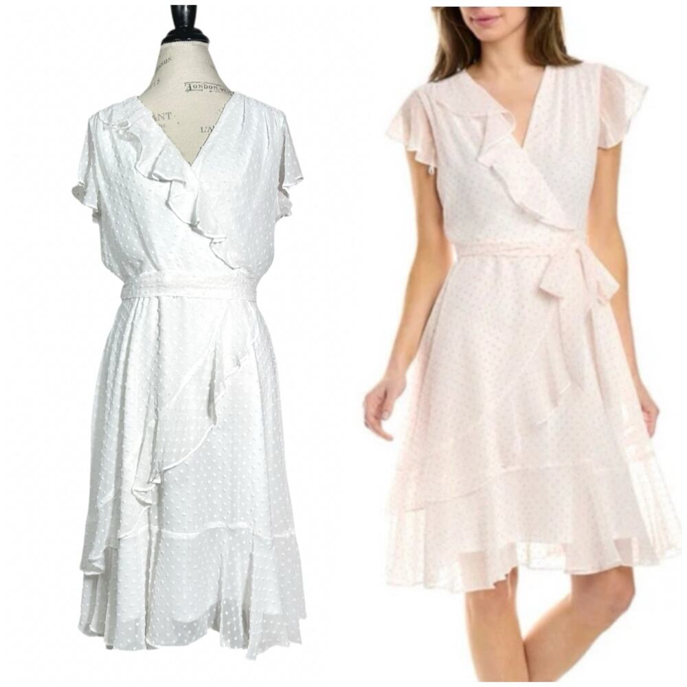Maison Tara | Women | White Swiss Dot Faux Wrap Surplice Midi Dress | Size 12